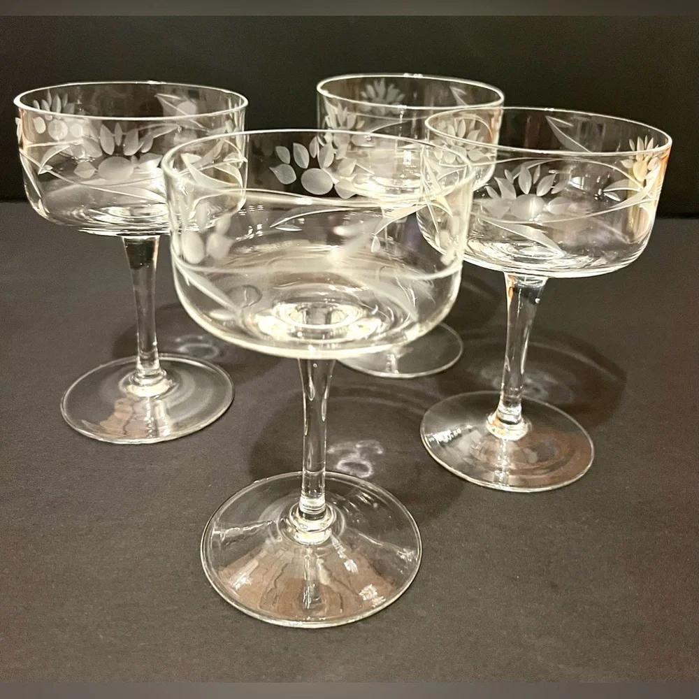Vintage Etched Crystal Cocktail Glasses, Set of 4